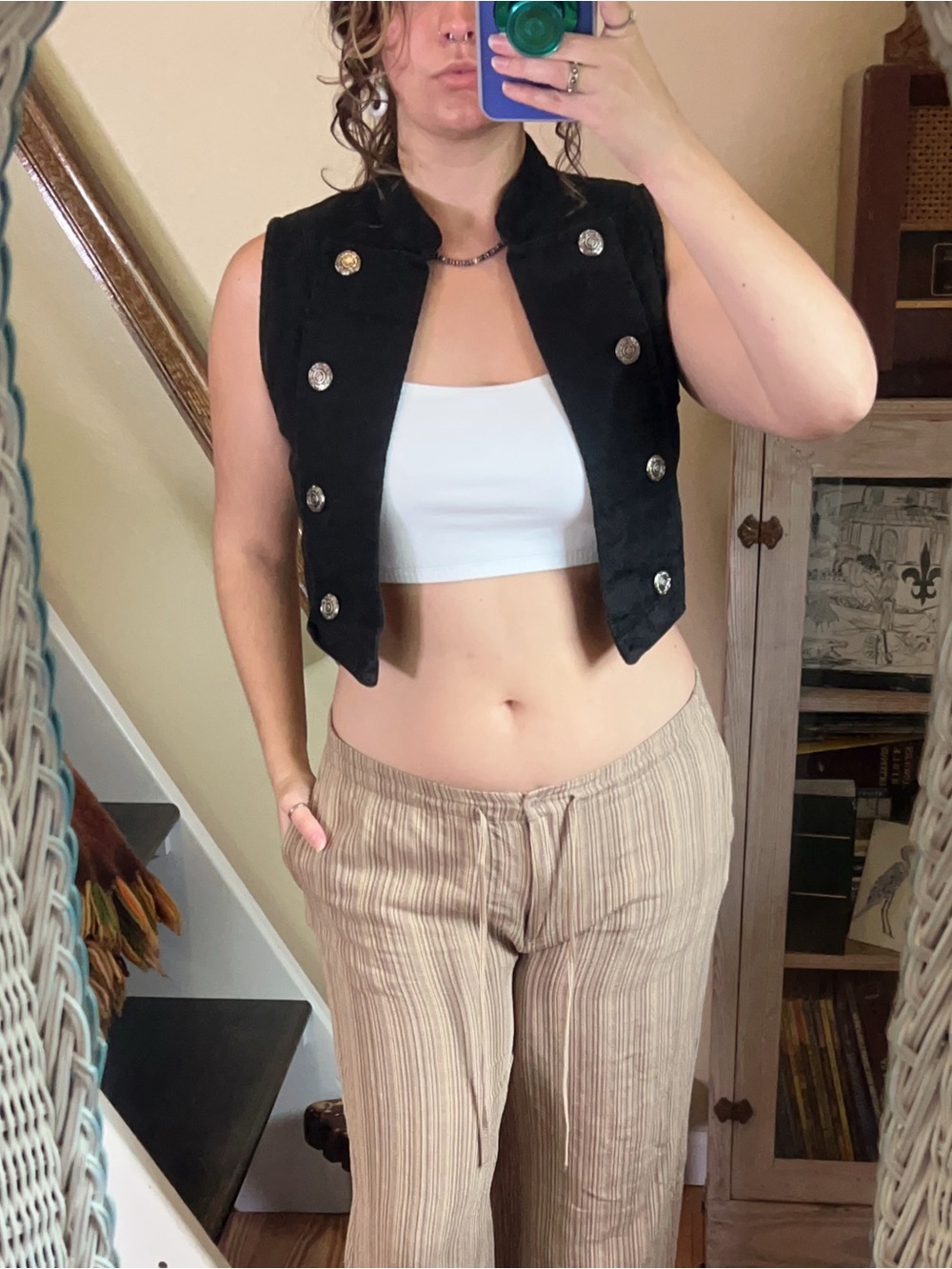 Vintage Black Cropped Punk Military Vest Crop Top Floral Silver Buttons Gothic